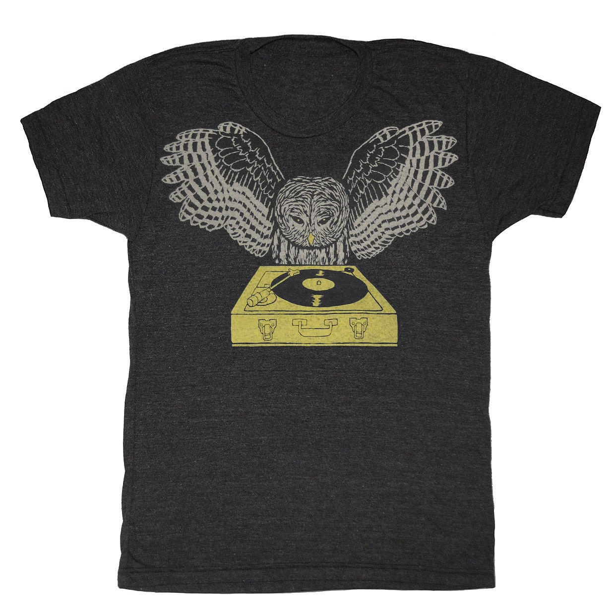 DJ Owl - Unisex Mens T-Shirt Tee Shirt Record Bird Feathers Retro Spinning Chartreuse Turntable Awes