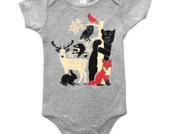 BABY Forest Friends - Animal Infant One Piece Boy Romper Girl Jumper Fox Rabbit Deer Bear Trees Owl Raccoon Bird Woodland Animals Bodysuit