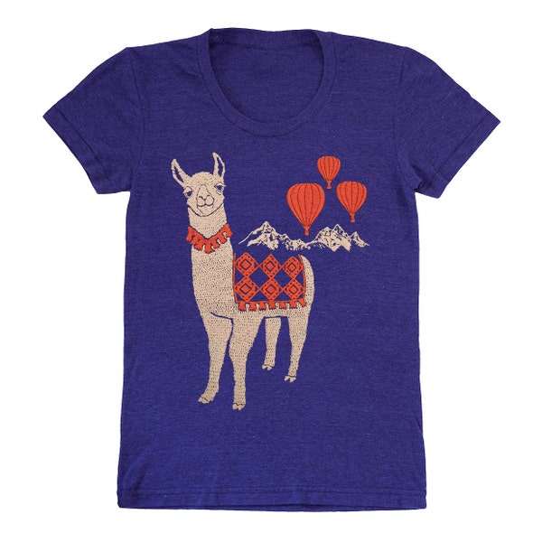 Llama - Womens T-shirt Girl Tee Shirt Adorable Cute Folk Nature Retro Mountain Peru Llamas Alpaca Animal Hot Air Balloon Indigo Blue Tshirt