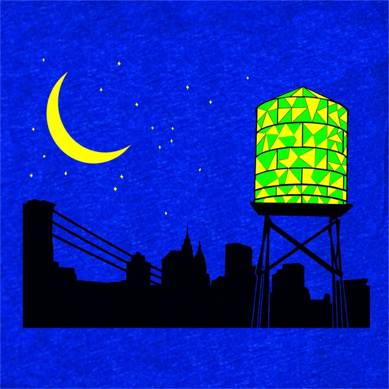 Water Tower Women's V-Neck Water Tower Night Moon Stars Brooklyn T-shirt Blue Black Yellow Green BK Moonlight New York City Glow image 2