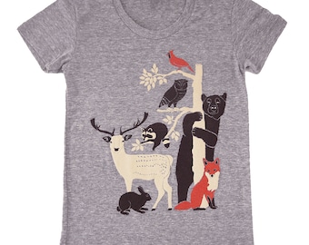 Forest Friends Womens Girls T-Shirt Gray Tee Cute Deer Bird Fox Rabbit Owl Bear Raccoon Animals Nature Woodland Animal Folk Tree Grey Tshirt