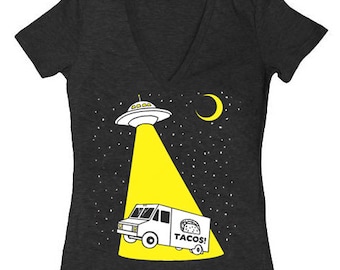 Taco Truck Abduction - Women's Fitted VNeck Girls T-ShirtAlien SciFi Tee Shirt Awesome Funny Yellow Taco Vintage Truck Tri Black Charcoal