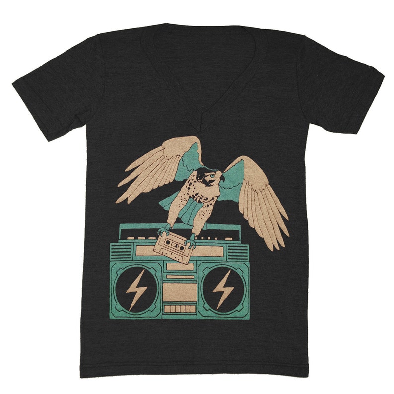 Hawk V-neck T-shirt Tee Shirt Eagle Falcon Boombox Music Old School Cassette Tape Bird Owl Mixtape Dj Vintage Retro Tri Black Vneck Tshirt image 1