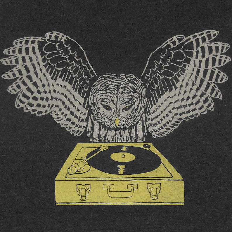DJ Owl Unisex Mens T-Shirt Tee Shirt Record Bird Feathers Retro Spinning Chartreuse Turntable Awesome Music Tri Black Charcoal Tshirt image 2