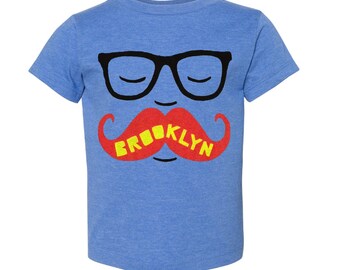 KIDS Brooklyn Mustache T-shirt - Boy Girl Toddler Youth Children Gray Tee Shirt Cute Beard Hipster Geek Funny New York NY NYC Blue Tshirt
