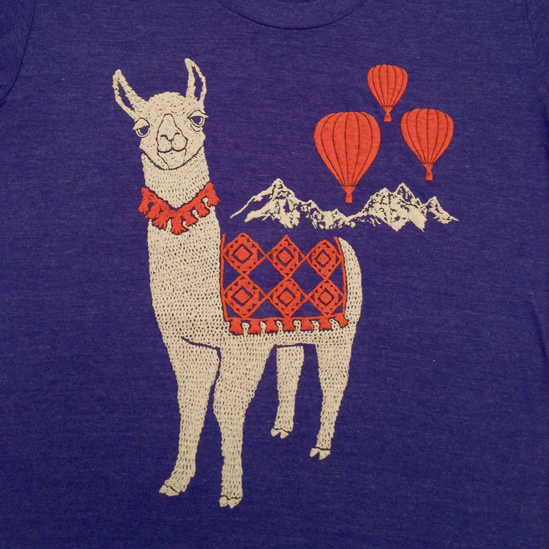 Llama Womens T-shirt Girl Tee Shirt Adorable Cute Folk Nature Retro Mountain Peru Llamas Alpaca Animal Hot Air Balloon Indigo Blue Tshirt image 2