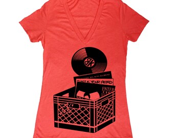 Brooklyn Record Crate - Women's V-Neck Music Record Crate Vinyl NYC Oldschool Rap Heather Red Tri Blend Tee Shirt Nineties Collection
