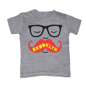 KIDS Brooklyn Mustache T-shirt - Boy Girl Toddler Youth Children Gray Tee Shirt Cute Beard Hipster Geek Funny New York NY NYC Grey Tshirt