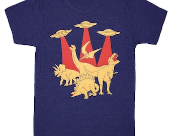 Dinos vs Aliens - Unisex Mens Cool T-Shirt Dinosaur UFO Spaceship Invasion Sci Fi Geek Awesome Monster Tshirt Tee Shirt Tri Indigo Tshirt