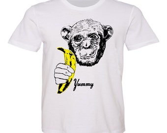 Banana Chimp T-Shirt - Unisex Mens Womens Tee Shirt Pop Art Yummy Andy Warhol Velvet Underground Fruit Black White Yellow Ape Monkey Animal