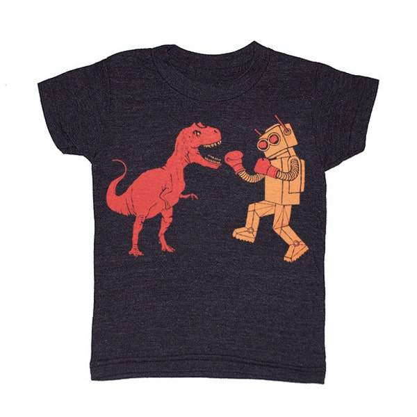 KIDS Dinosaur vs Robot - T-shirt génial Dino drôle Cool rétro bataille Royal boxe T-shirt garçon fille jeunesse enfant en bas âge enfants noir T-shirt