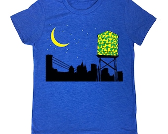 KIDS Water Tower Tee - Night Cityscape Moon Stars Brooklyn T-shirt Blue Black Yellow Green BK Moonlight New York City Glow Stained Glass