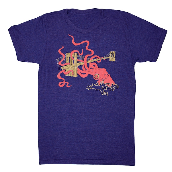Squid Attack - Mens Nautical T-Shirt Awesome Funny Cool Monster Kraken Tee Shirt Giant Octopus Brooklyn Bridge Tshirt Tri Indigo Blue Tshirt