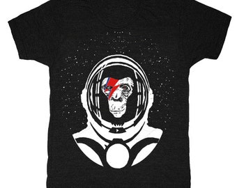 Space Chimp T-Shirt - Unisex Mens Crew David Bowie Oddity Monkey Ape Astronaut Lightning Bolt Black White Red Blue Rocket Shirt Tee Shirt