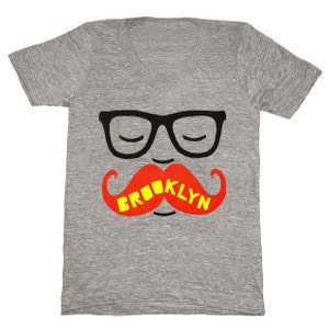 Brooklyn Mustache Unisex VNeck Grey Unisex T-shirt Funny Hipster Nerd Geek Glasses Beard Tee New York Shirt Triblend Gray Track T-shirt image 1