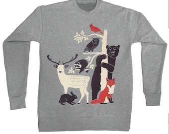 Forest Friends - Unisex Sweatshirt Men Women Woodland Deer Bird Fox Rabbit Owl Bear Raccoon Nature Tree Animals Fleece Sweater Gray Cute