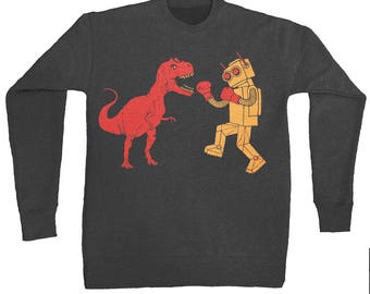 Dinosaur Vs Robot - Unisex Sweatshirt Longsleeve Triblend Black Fleece Dinosaur Robot Fight T-Rex Throwdown Boxing Epic Prehistoric Future