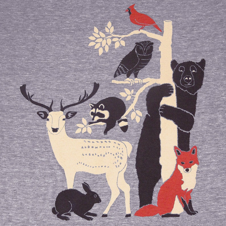 Forest Friends Womens Girls T-Shirt Gray Tee Cute Deer Bird Fox Rabbit Owl Bear Raccoon Animals Nature Woodland Animal Folk Tree Grey Tshirt image 2