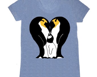 Women's Penguin T-Shirt - Blue Tee Shirt Penguin Family Animals Nature Antarctica Ice Snow Black White Yellow Athletic Cute Adorable Tshirt