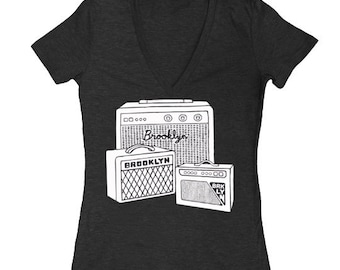 Brooklyn Amps T-Shirt - Women's Fitted VNeck Tee Shirt Music Amplifiers Speakers Black Brooklyn NYC BK New York City Indie Rock Band Group