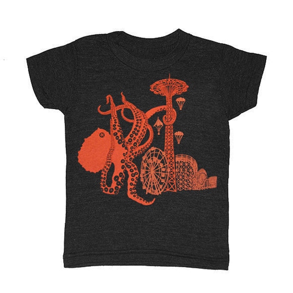 KIDS Octopus Coney Island Boardwalk T-shirt Boy Girl Carnival New York Children Tee Shirt Wonderwheel Cyclone Rollercoaster Brooklyn Tshirt