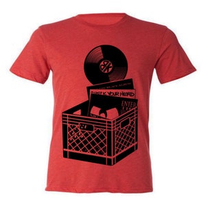 BK Record Crate Tee - T-Shirt Mens Womens Music Vinyl DJ Records NYC Old School Rap Heather Red Shirt Nineties Jay-Z Beastie Boys Wu-Tang