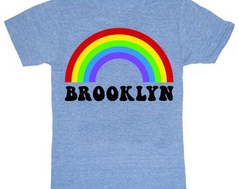 Brooklyn Rainbow - Unisex Mens Womens Brooklyn Rainbow TShirt LGBTQ Pride Proud Light Blue Red Yellow Green Blue Violet BK NYC Tee Shirt