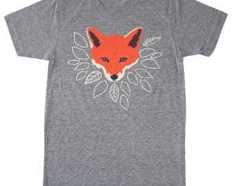 Fox - Unisex XL Mens Womens T-shirt Tee Grey Shirt Woodland Nature Cute Fantastic Mr Fox Orange Animal Forest Wolf Leaves Tree Gray Tshirt