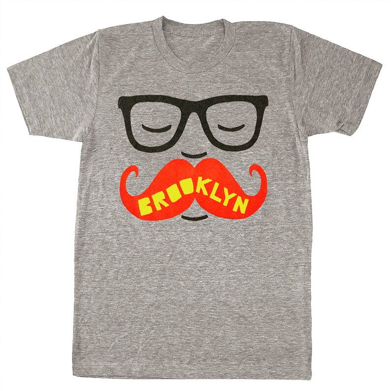 Brooklyn Mustache Unisex Mens T-shirt Funny Humor Hipster Nerd Geek Glasses Beard Tee New York Shirt Athletic Gray TriBlend Track T-shirt image 1