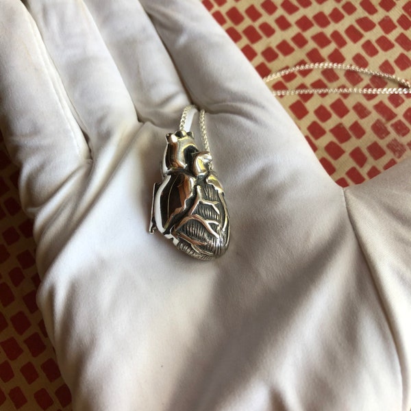 CUSTOM Silver Anatomical Heart Locket, 3mm sapphire- 18” chain