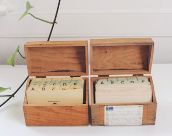 Vintage Wooden Recipe Boxes Card Holder Set - Alphabet Dividers, Hinged Lids, Dovetail Joints - Mid Century