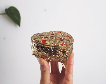 Vintage Ornate Heart Gold Metal Filigree Jewelry Trinket Box Floral Red Velvet Mid Century