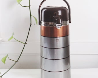 Termo de café vintage con diseño de pavo real - Acero inoxidable japonés - Detalles y asa de cobre