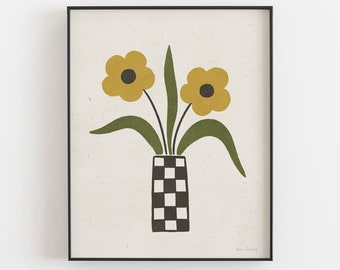 Checkboard Vase Ochre Daisies Wall Art Print | Minimalist Art | Modern Art | Plant Art | Nature Art | Flower Art | 5x7 8x10 11x14