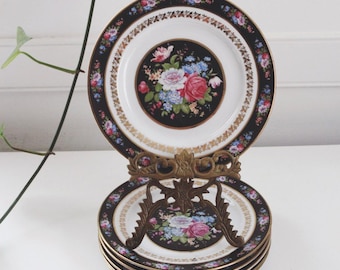 Platos de ensalada de porcelana vintage con diseño floral y borde dorado - Juego de 8 - Diseño de rosas negras, rosas y azules, Baviera