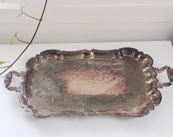 Vintage Silver-Plated Serving Tray With Handles & Scalloped Edges - Ornate Engraved Antique