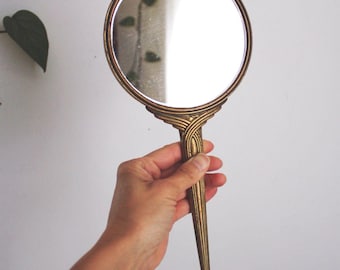 Vintage Art Deco Nouveau Brass Handheld Vanity Hand Mirror Round Glass Ornate