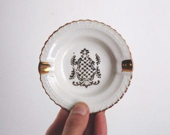 Vintage Japan Porcelain Ashtray Gold Crest Scalloped Edge White Dish