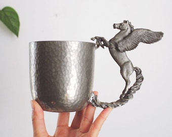 Vintage Bellena Bay Pewter Pegasus Handle Mug Hammered Handmade Fantasy