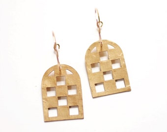 Checkboard Arch Hoop Earrings | Checkerboard Earrings | Checkboard | Hoop Earrings | Minimalist Earrings | Modern Jewelry | Brass Earrings