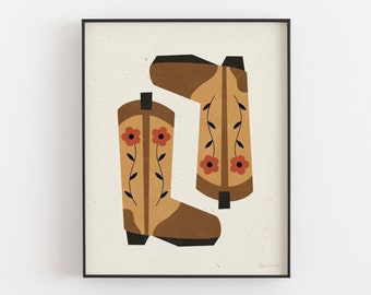 Floral Cowboy Boots Wall Art Print - Earth tones