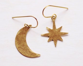 Hammered Moon Star Earrings | Drop Earrings | Hammered Earrings | Star Earrings | Moon Earrings | Modern Jewelry | Brass Earrings