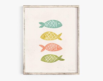 Four Fishes Watercolor Wall Art Print
