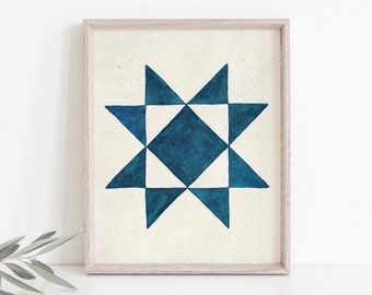 Watercolor Quilt Block Wall Art Print - Blue