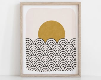 Stampa artistica onde e sole - Ocra nera / Arte solare / Arte moderna / Arte minimalista / Arte grafica / Arte oceanica / Arte delle onde / 5x7 / 8x10 / 11x14