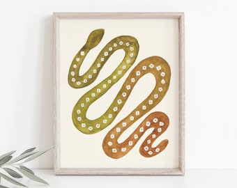 Snake Wall Art Print - Green Brown | Nature Art | Watercolor Art | Green Art | Snake Art | Animal Art | 5x7 8x10 11x14 16x20