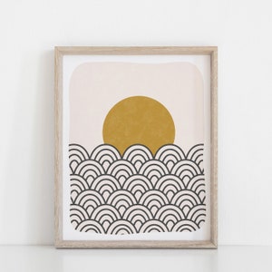 Waves & Sun Art Print - Black Ochre | Sun Art | Modern Art | Minimalist Art | Graphic Art | Ocean Art | Waves Art |  5x7 | 8x10 | 11x14