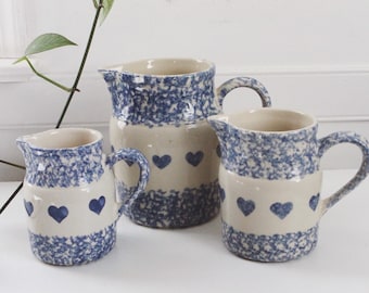 Vintage Friendship Pottery Gerald E. Henn Blue Spongeware Pitcher Heart Pattern