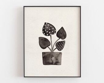 Ink Plant Wand Kunst Druck - Schwarz + Creme
