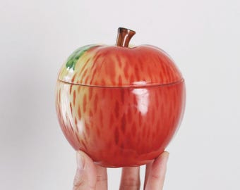 Vintage Hand Painted Apple Ceramic Lidded Jar or Trinket Box - Made in Czechoslovakia